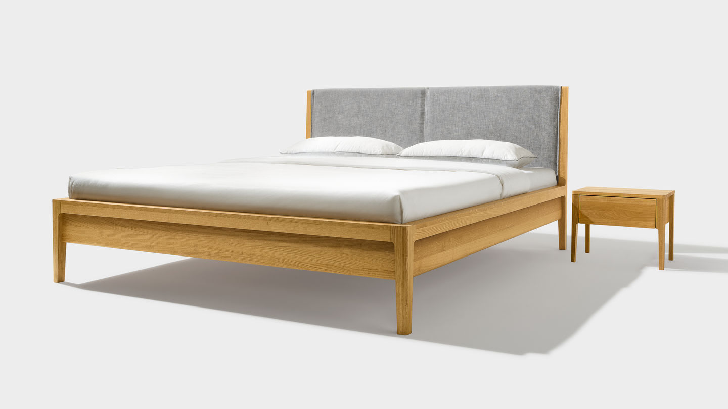 mylon bed with bedside cabinet in oak made of solid wood
