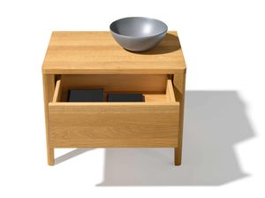mylon bedside cabinet in oak with an open drawer