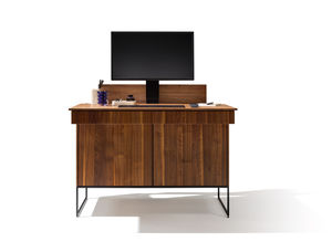 front view: filigno writing desk with monitor lift in walnut with metal frame base in matt black by TEAM 7