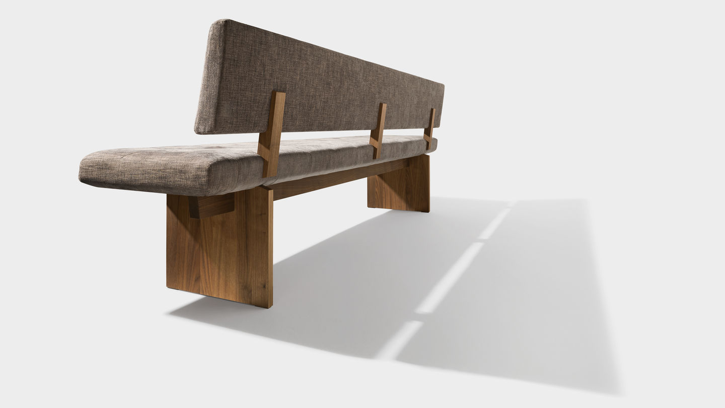 yps bench with wooden panels in walnut back view