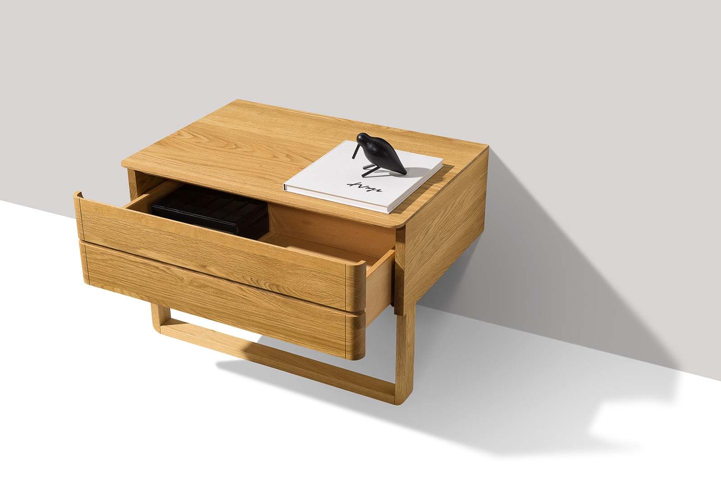 float bedside cabinet in oak with drawer