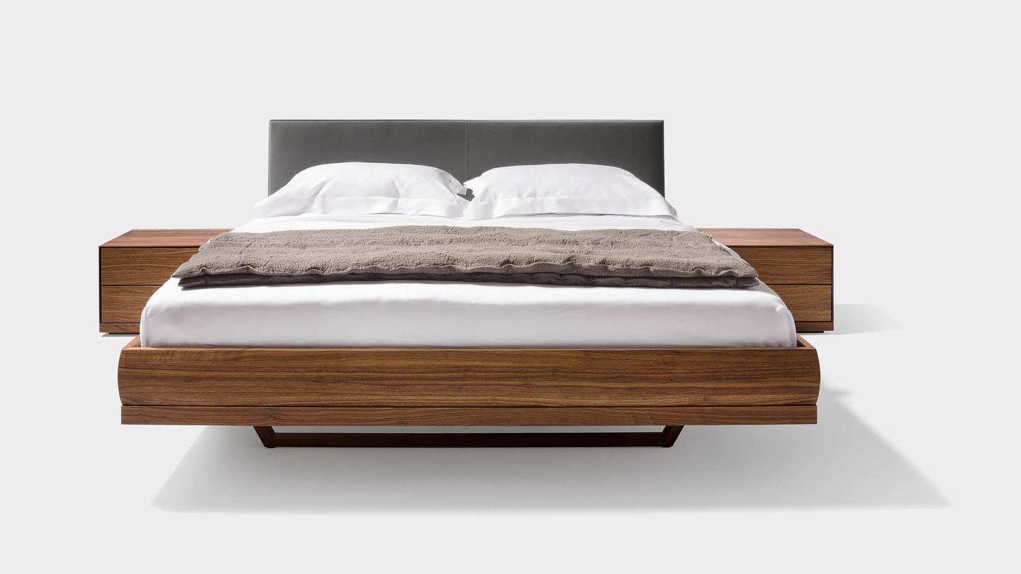 riletto designer bed with leather headboard in walnut