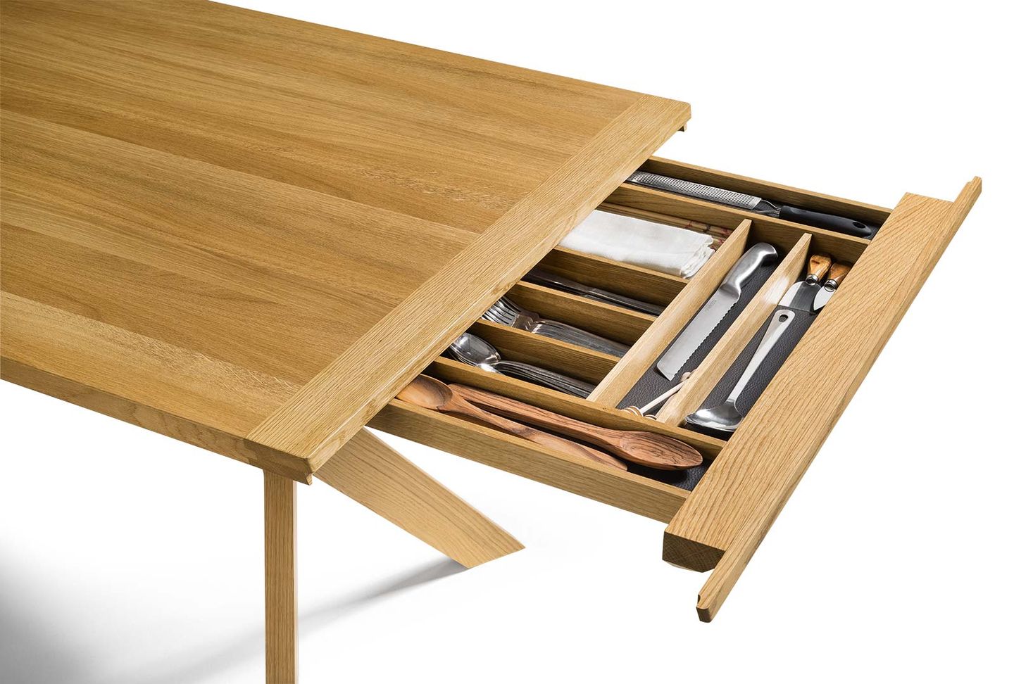 Раздвижной стол „yps“ из массива дерева с отделом для столовых приборов