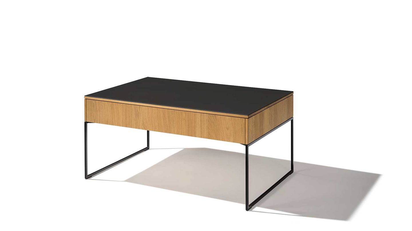 filigno coffee table with folding mechanism in oak with coloured glass by TEAM 7