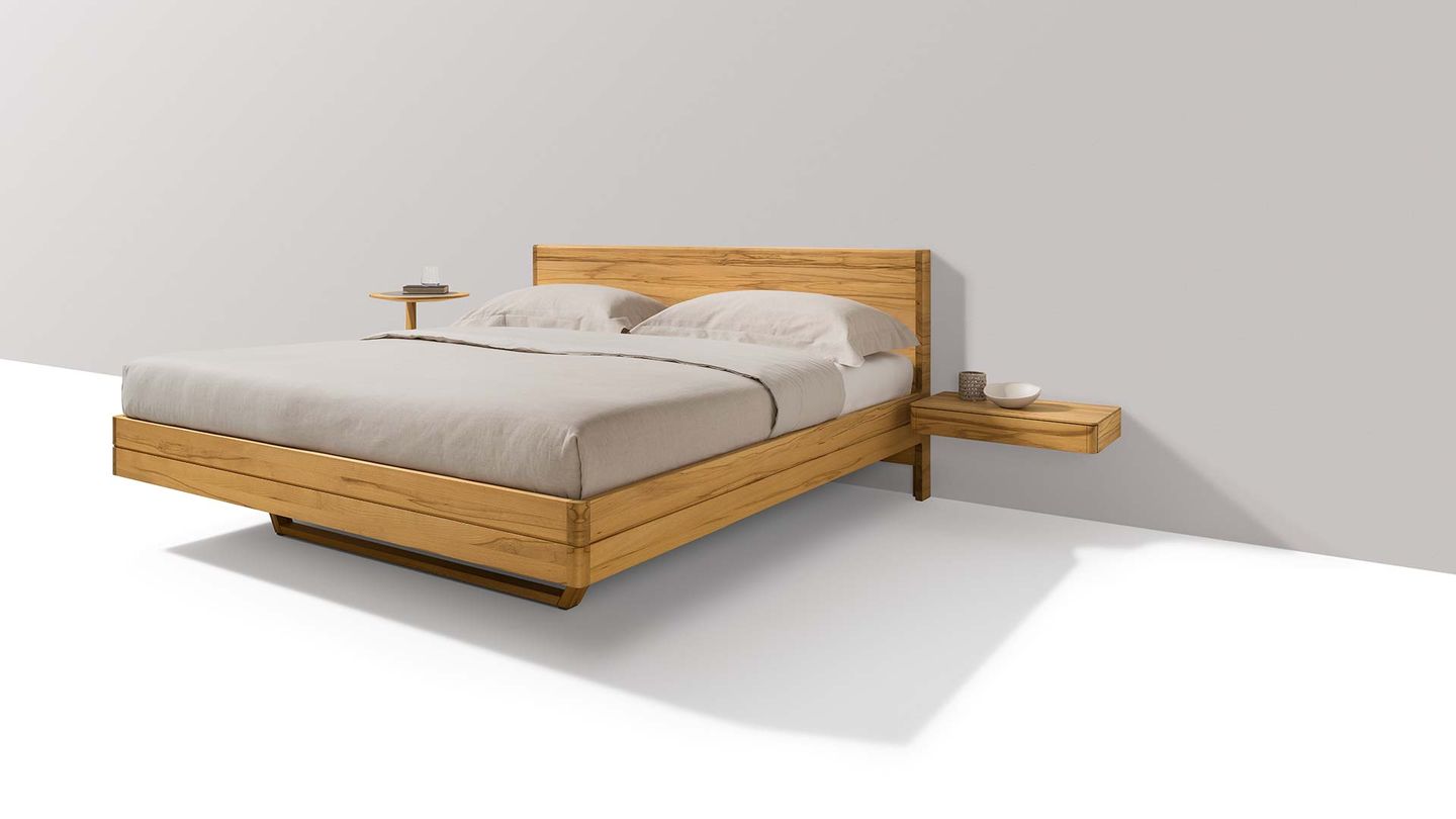 float solid wood bed with wooden headboard