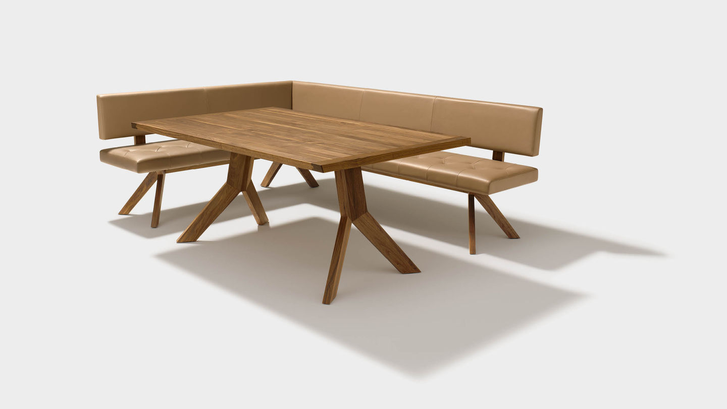 yps corner bench of solid wood in walnut with yps non-extendable table