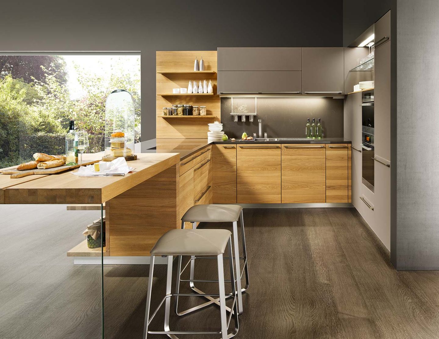 linee kitchen of solid wood with lux bar stool