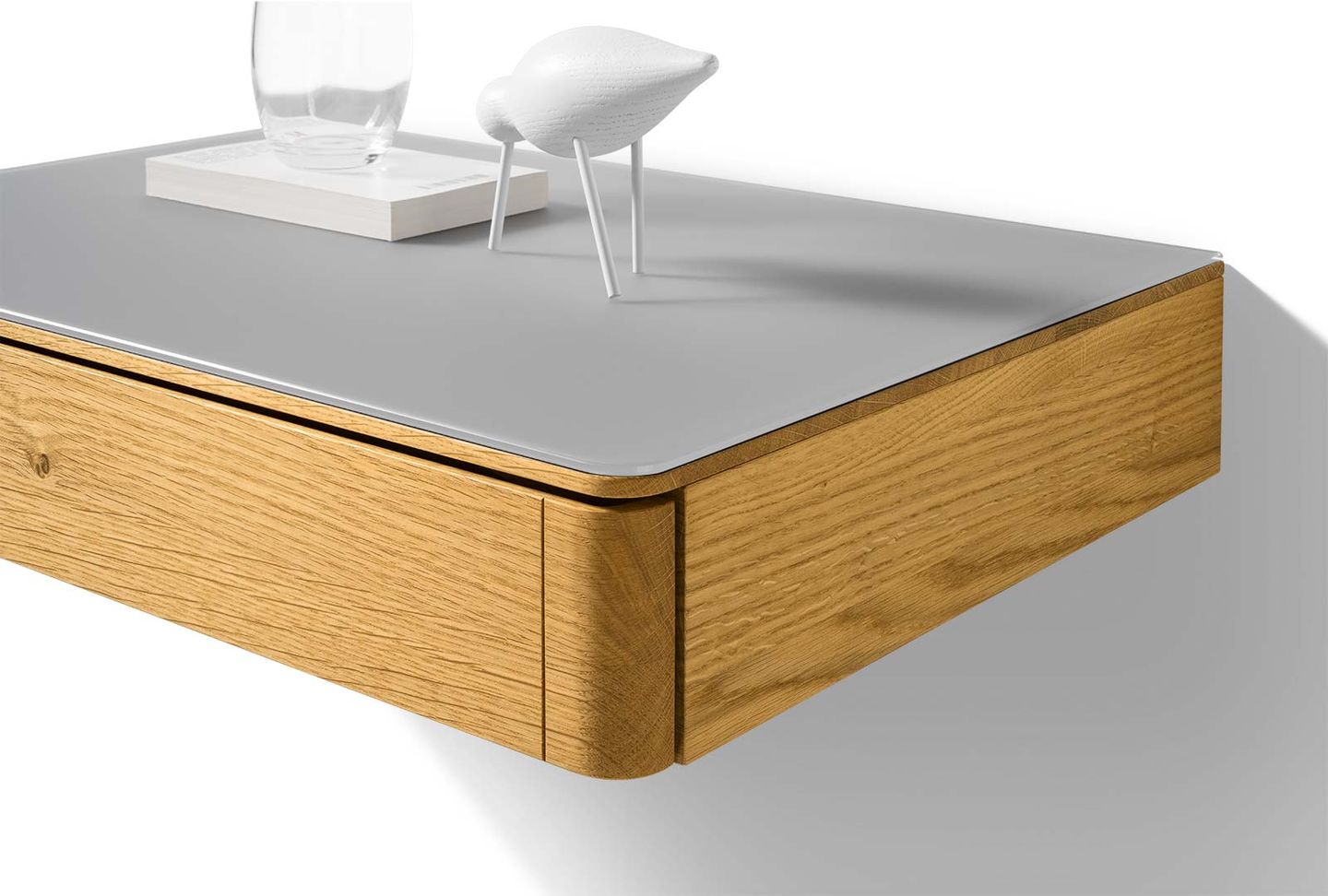 Table de chevet float en bois suspendue avec surface en verre en détail